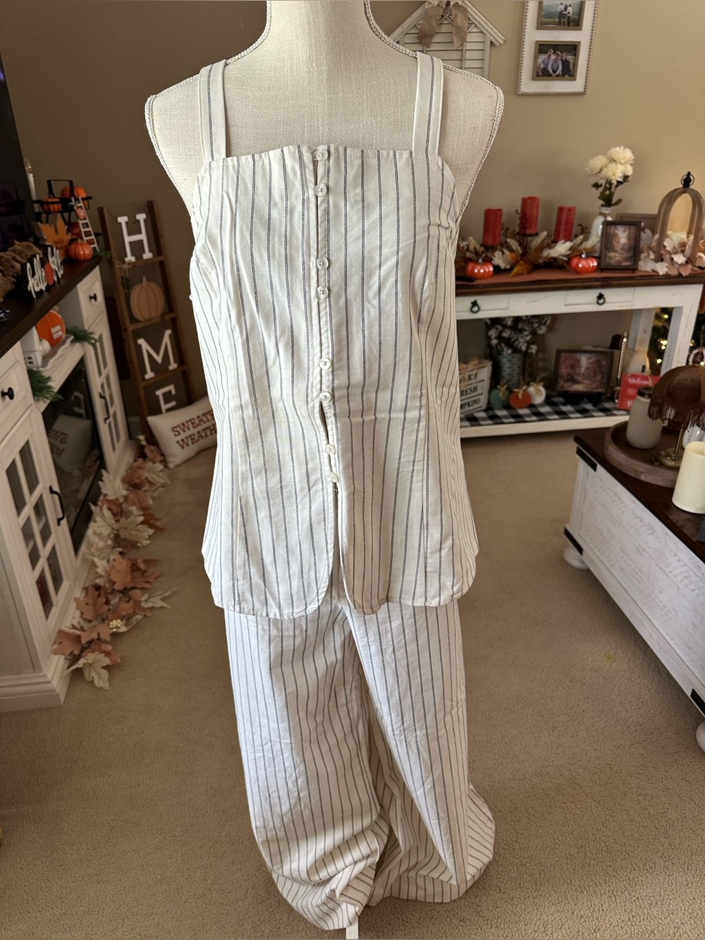 a new day Cream Jumpsuit with Navy Pinstripes - Sleeveless Button-Front NWT